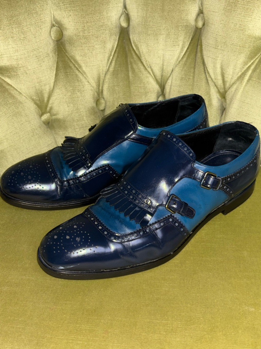 Prada Men's two tone navy blue shiny Leather Dress Monk Shoes w/ Tassel size 7 - Picture 9 of 10